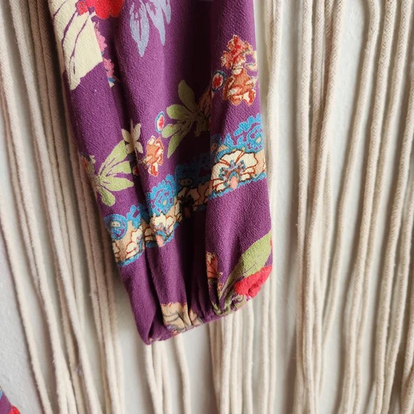 Free People Purple Floral Mini Dress | Long Sleeve Tie Front Boho‎ | Size 4 - Picture 5 of 8